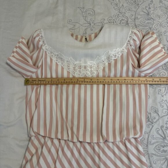 Vintage Pastel Pink Striped Blouson Dress w Lace Trim Collar Ruched Waist Sz 8 - Picture 5 of 10